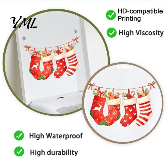 Easy Peel And Stick Decals Christmas Stocking Toilet Stickers, Waterproof PVC Bathroom for Holiday Home Winter Accessories Decoration, Red Watercolor