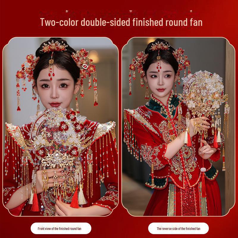 Красный кружевной свадебный круглый веер для одежды Xiuhe с двухсторонней маской своими руками - китайский стиль (9255)