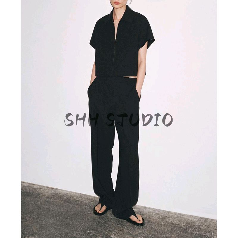 Summer Women Clothes Lapel Short Sleeve Short Outerwear 8491053 Straight Mid-Waist Casual Trousers 8491054