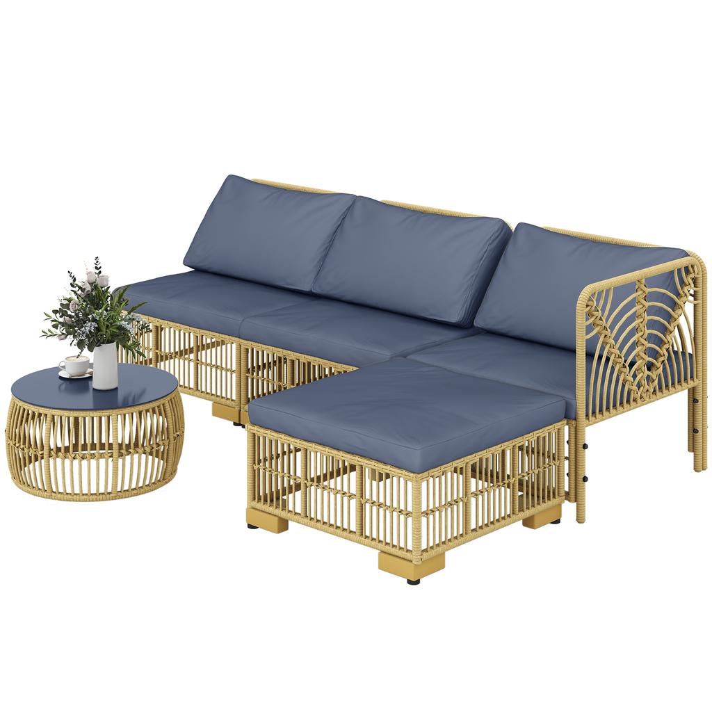 Garden Rattan Lounge Set with Modular Sofa, Cushions and Coffee Table, Grey