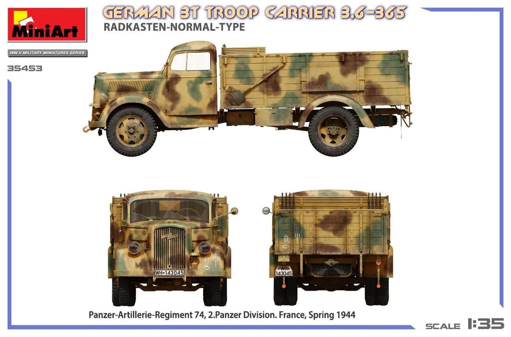 Miniart Масштаб Немецкий troop carrier Стандартное крыло Тип Пластиковая модель MA35453 1/35 3-тонный 3,6-36S (Военная техника)