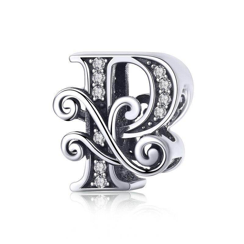 Bamoer Authentic 925 Sterling Silver Vintage Letter A To Z Zircon Bead Charms Fit Original Charm Bracelets DIY Jewelry