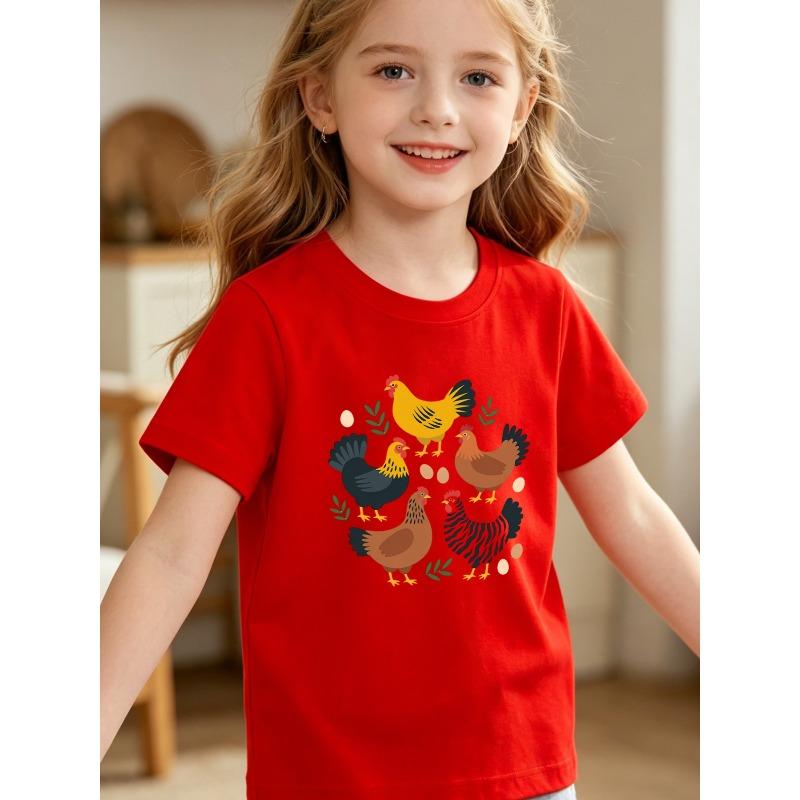 European sizes Girls' Round Neck Short Sleeve T-Shirt, Pastoral Style Chicken Flock Print Playful Cute Multicolor Optional Versatile Top