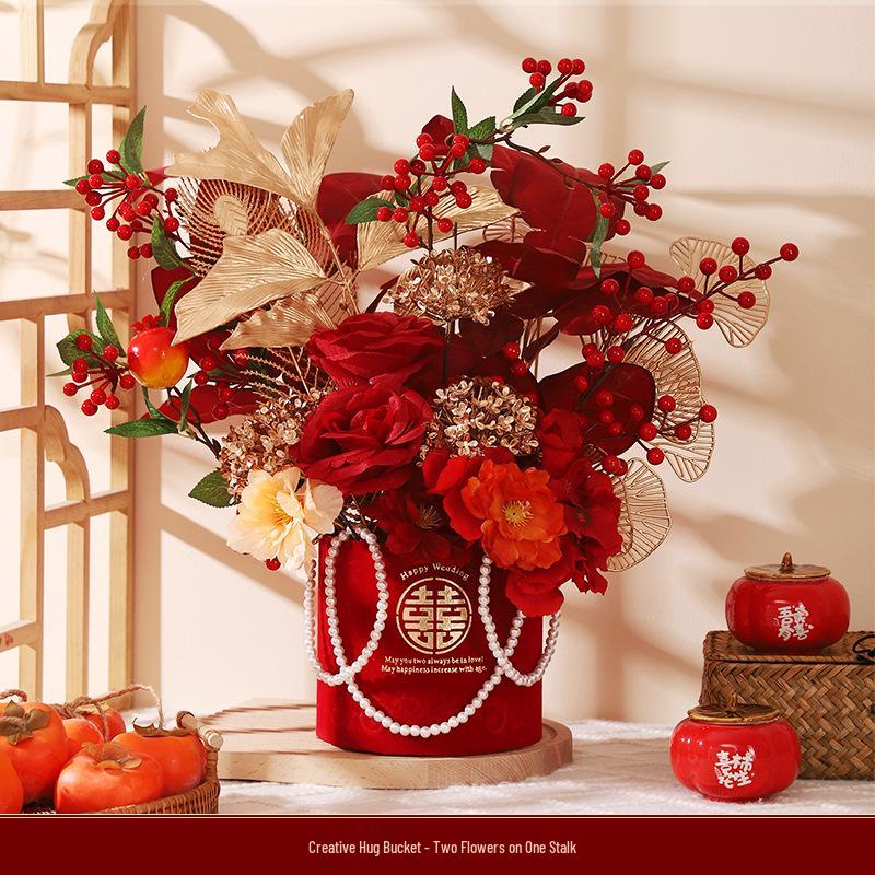 Engagement & Wedding Ornaments: Room Decor Bouquet & Double Happiness Bucket Set for Newlyweds - Ideal for Master Bedroom & Living Room.