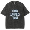 God Loves You Letter Print Cotton Women Washed T-Shirt Oversized Crew Neck Half Sleeve American Retro Casual Everyday Top