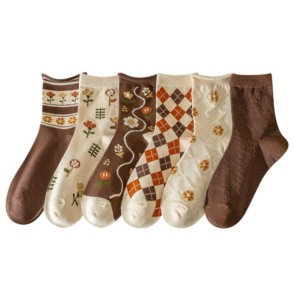 Носки с цветочным принтом, милые вязаные носки средней длины, носки для сна, носки средней длины с цветком, осень