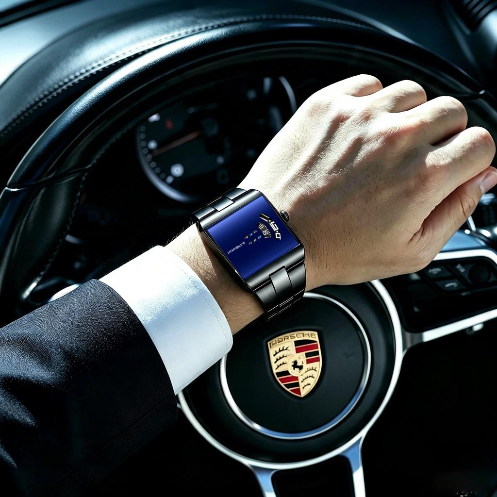 Top Fashion Tech‑Style Men Watch Rectangle Stainless Steel Quartz Sports Waterproof Casual Business Sleek Male Wrist Watch reloj