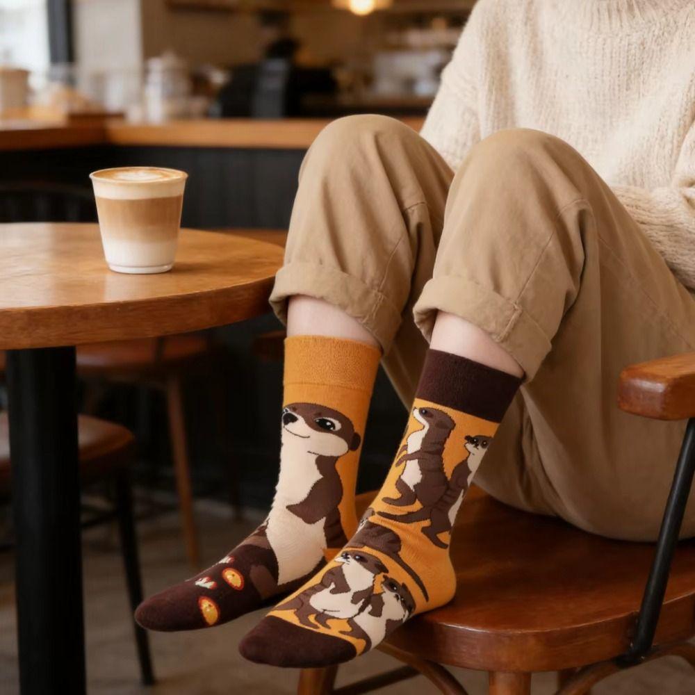 Cartoon Mid-Calf Socks Cute Home Socks Fashion Weasel Pattern Socks  For Daily Wearing