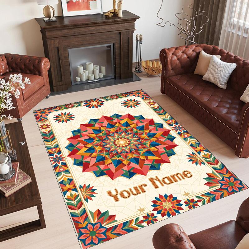 Mandala Theme Crystal Velvet Floor Rug Personalized Custom Name Text Warm Carpet Home Decoration