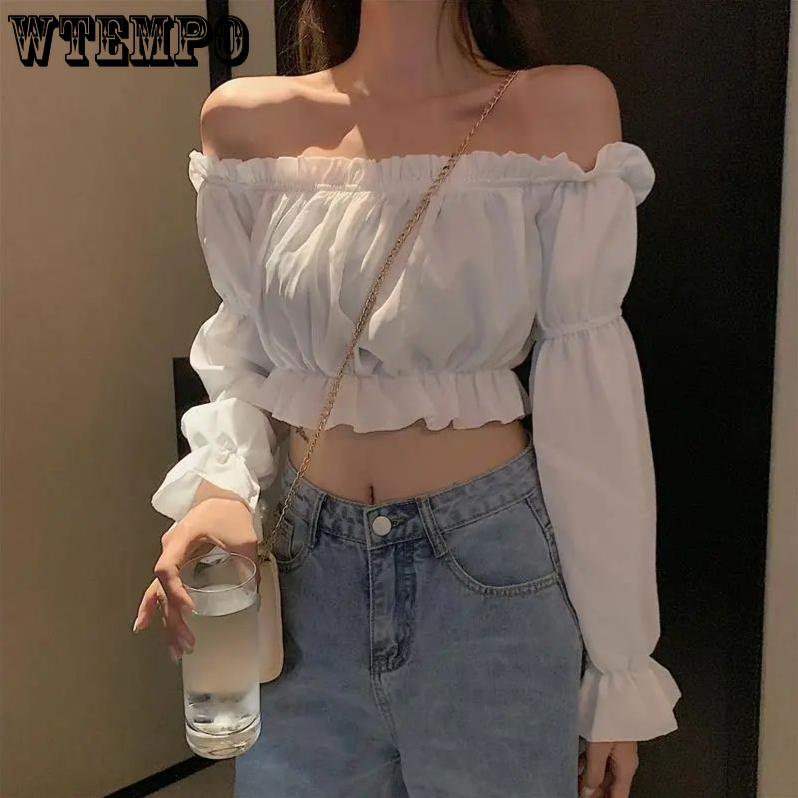 Slash Neck Sexy Off Shoulder Women's Short Top Pure Desire T-shirt Crop Top High Waisted Navel Exposed Puff Sleeve Korean Fashion Spring Autumn
