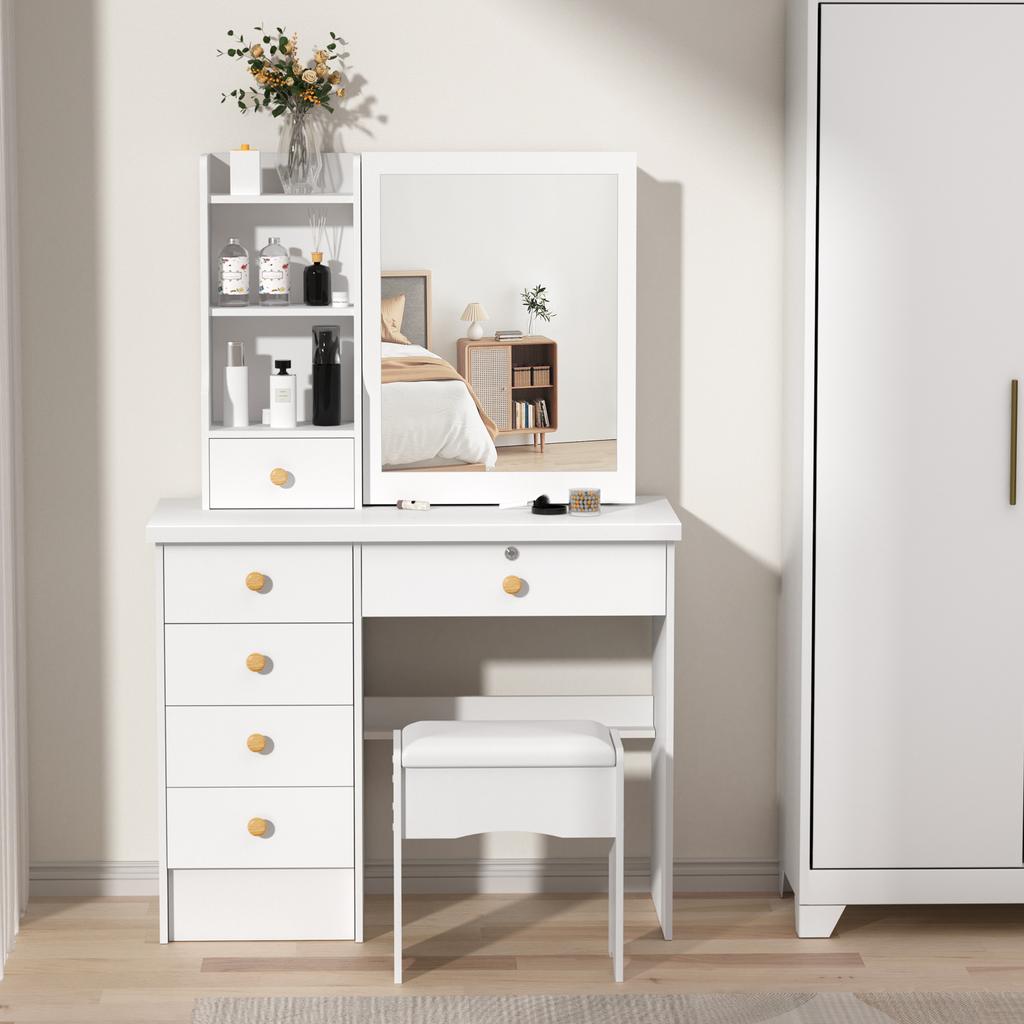 Vanity White Dressing Table with Sliding Mirror & Stool 4 Drawers Home High-end Bedroom Dressing Cabinet Integrated Small Apart