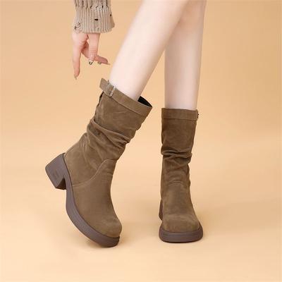 Модные женские полусапоги на среднем каблуке с круглым носком, осенне-зимние, на флисовой подкладке, на платформе, до середины икры, шикарные и элегантные сапоги