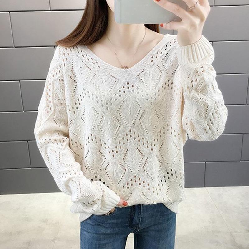 Hollow Women's Knitwear Spring and Autumn Style V-neck Loose Bottoming Shirt Short Long-sleeved Sweater Coat
