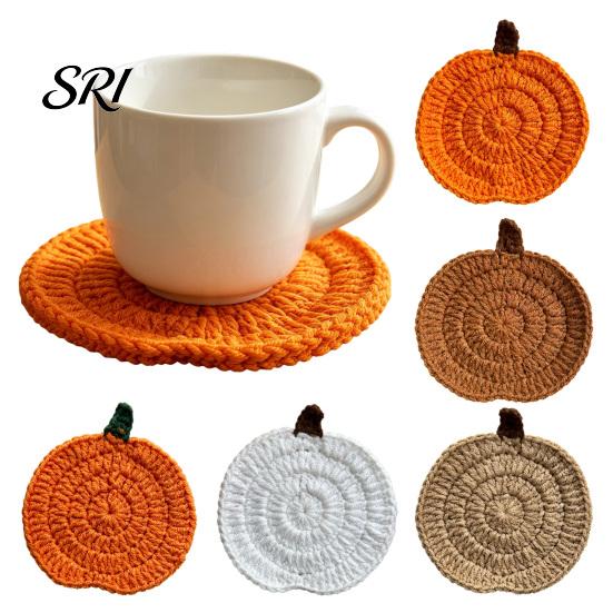 Pumpkin Shaped Table Pads Handmade Crochet Coasters for Mugs Bowls, Heat Resistant Yarn Decorative Desk Drink Mats Autumn Decor, Fall Seasonal Setting