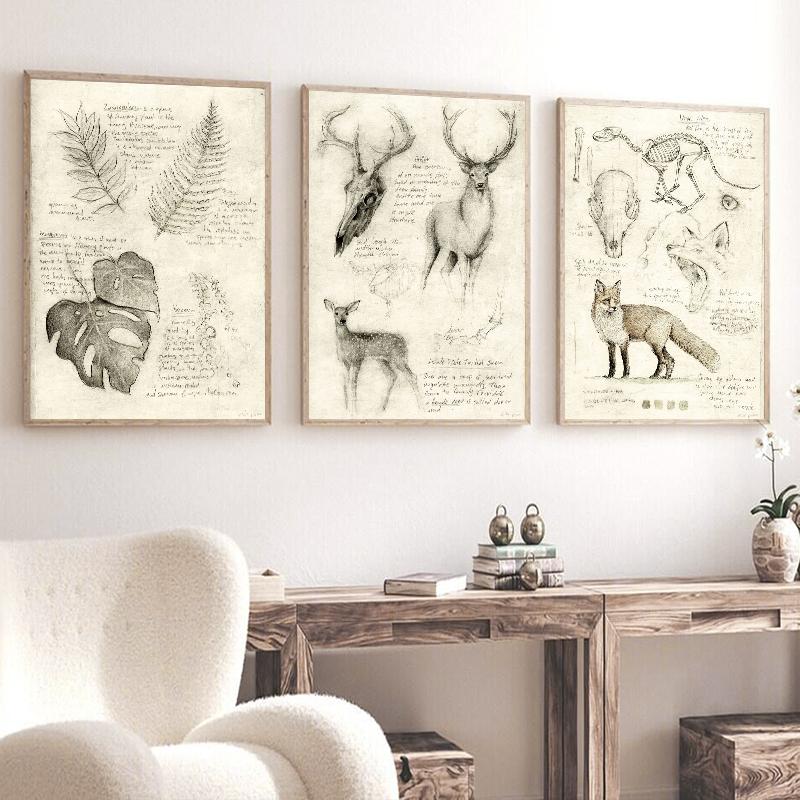 Винтажная лиса, бабочка, олень, насекомое, нота, ретро постер, грибы, холст, картина, настенная живопись, принт, настенные панно для декора гостиной