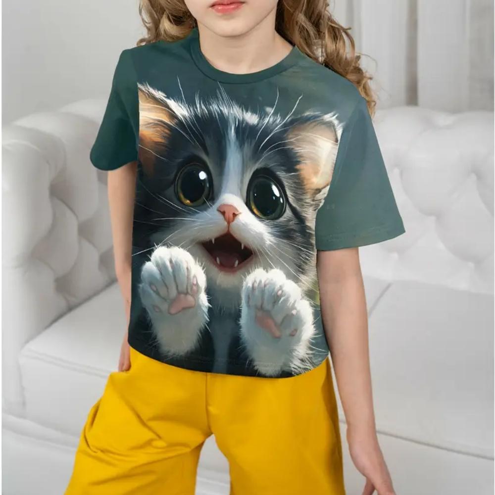 Детская одежда для девочек с принтом милого кота, футболки, летняя мода, повседневная, с круглым вырезом, с короткими рукавами, уличная футболка для девочек
