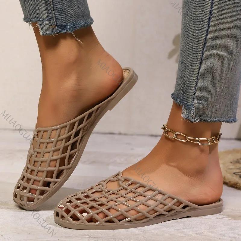 Fashion Women's Shoes 2025 Summer New Mesh Woven Hollowed-out Breathable Head Slippers for Women's Flat Bottom Sandals Zapatos De Mujer