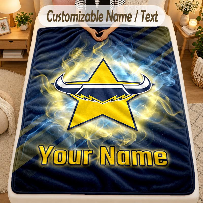 Flannel BlanketNorth Queensland Cowboys Custom Name Text Personalized Soft Warm Throw Blanket Home Decor Gift