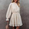 Fashionable Jacquard Ruffle Long Sleeve Dress Elegant Elastic Waist Office Lady Dress 2023 Spring Retro Stand Collar Dress 26574