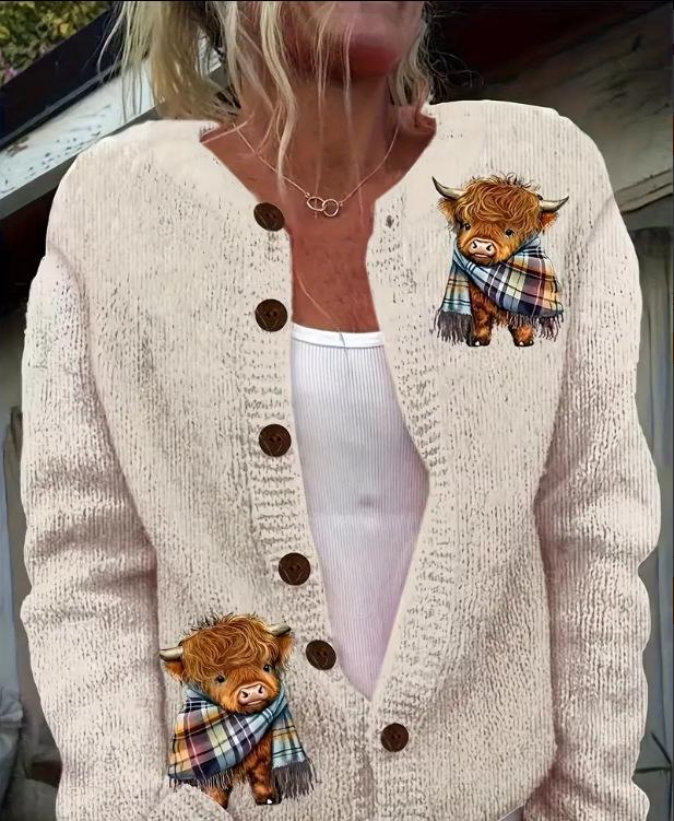Women's Loose Fit 3D Print Round Neck Long Sleeve Cardigan Sweater