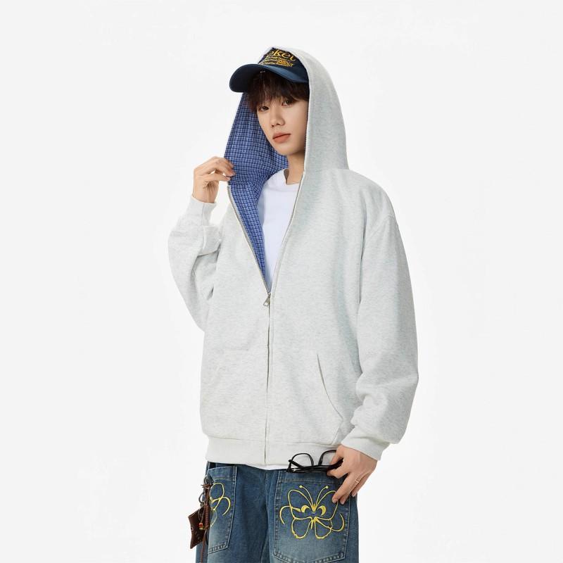 Unisex Gray Hooded Zip-Up Sweatshirt With Plaid Patchwork Design Loose Fit Streetwear