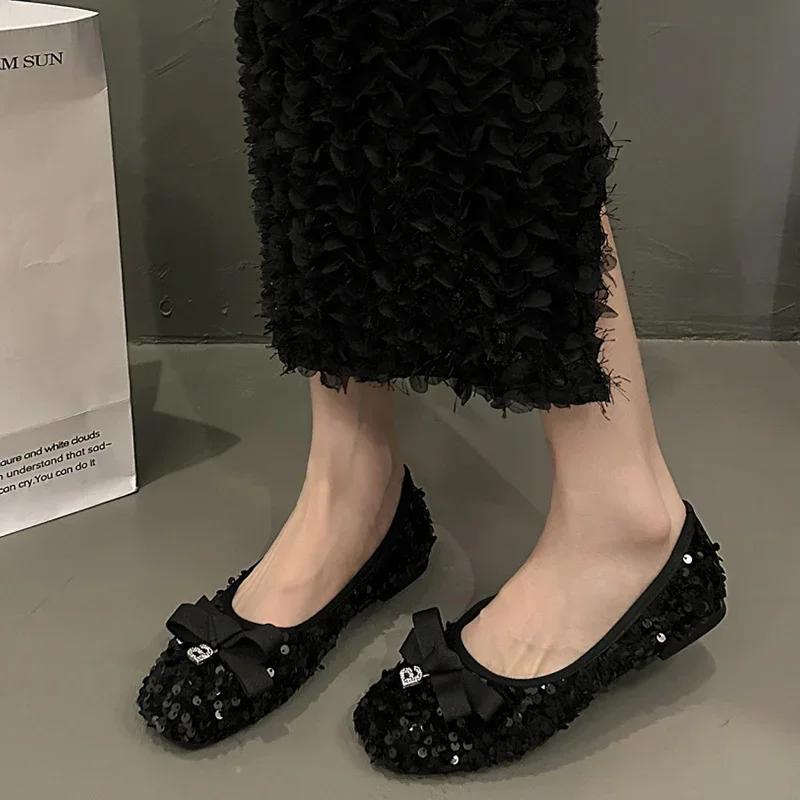 Женские балетки с бантом, блестящие балетки, туфли с мелким вырезом, дизайнерские сандалии, осенняя модная мягкая повседневная обувь для платья, для ходьбы, удобные женские туфли