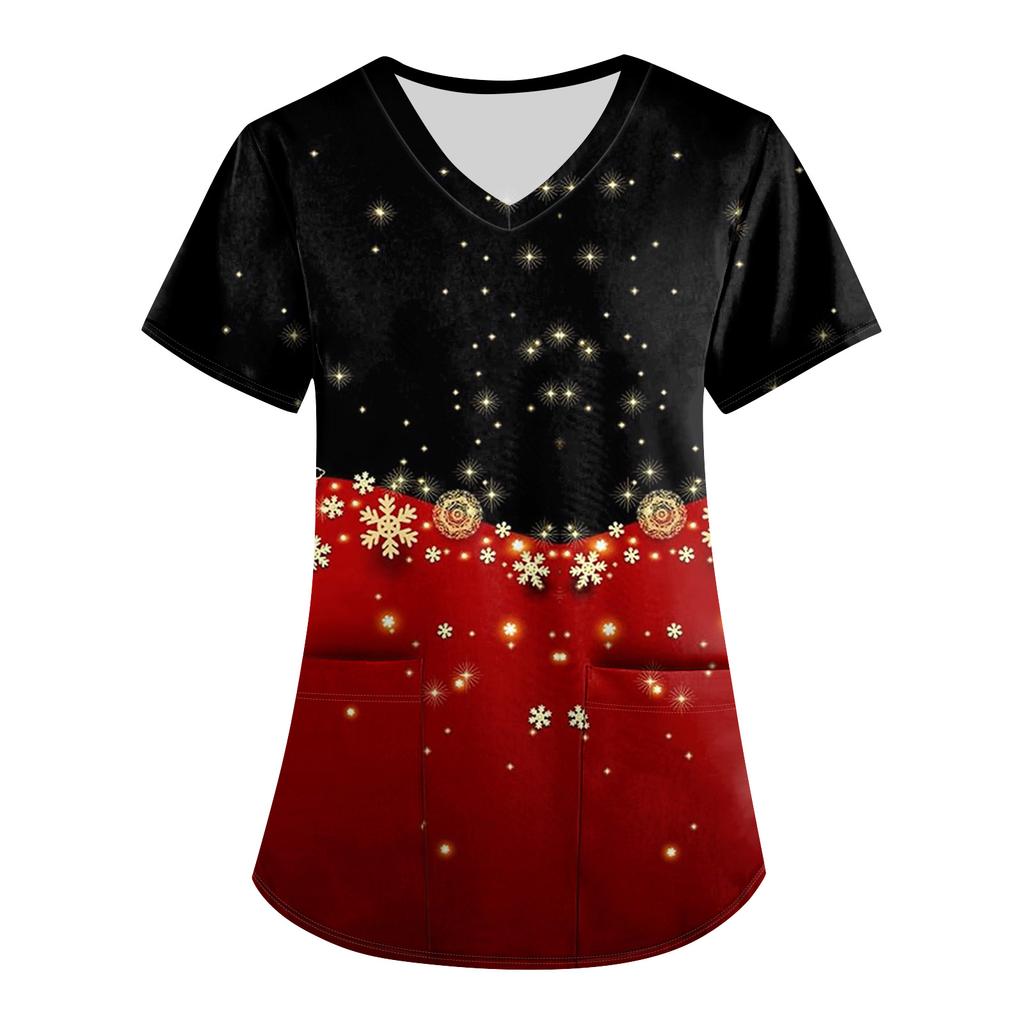 Большой размер Принтованный скраб Рабочая униформа Топы для женских V-образный вырез с запахом Принт Короткий рукав Веселые футболки Рабочая одежда Футболка с карманами