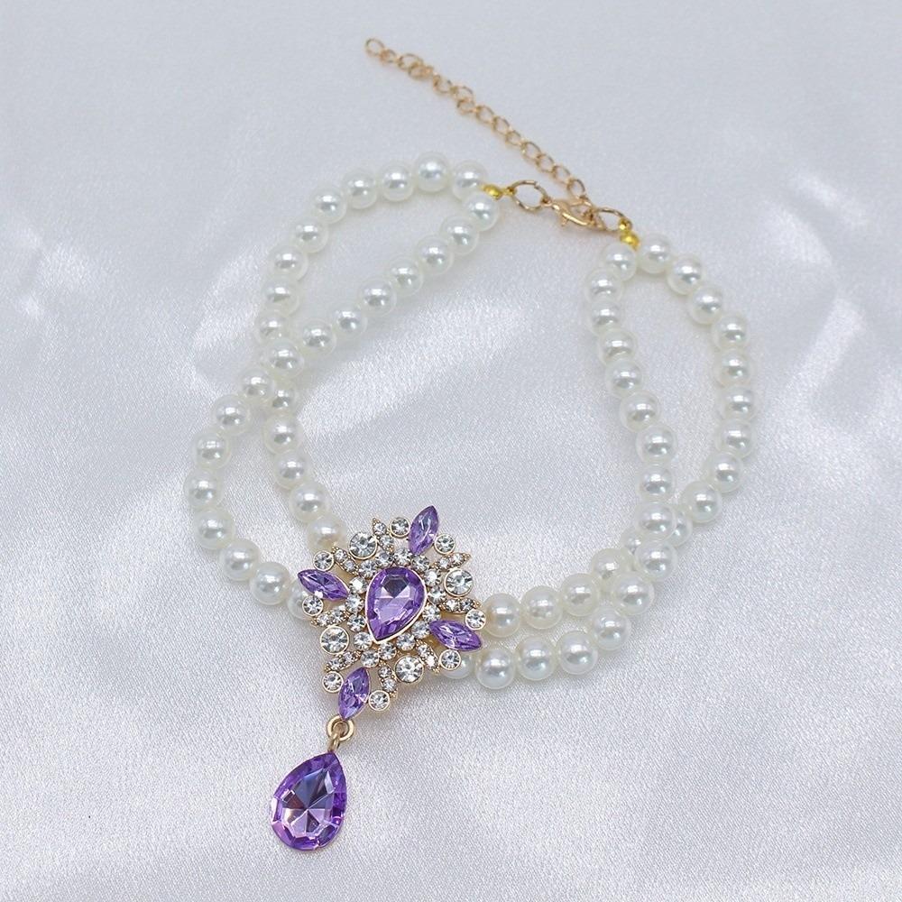 Cute Double Layer Pet Pearl Necklace Vintage Adjustable Cat Neck Chain Glamorous Crystal Cat Pearl Collar Pet Show