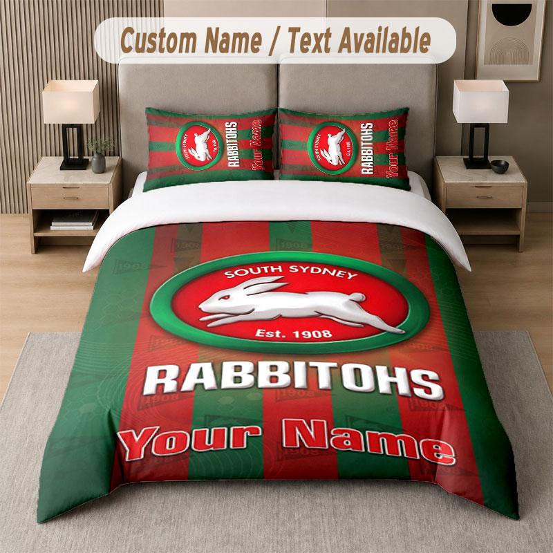 Custom Bedding Set South Sydney Rabbitohs Pattern, Print Name Text 1 Duvet Cover plus 2 Pillowcases Home Textile