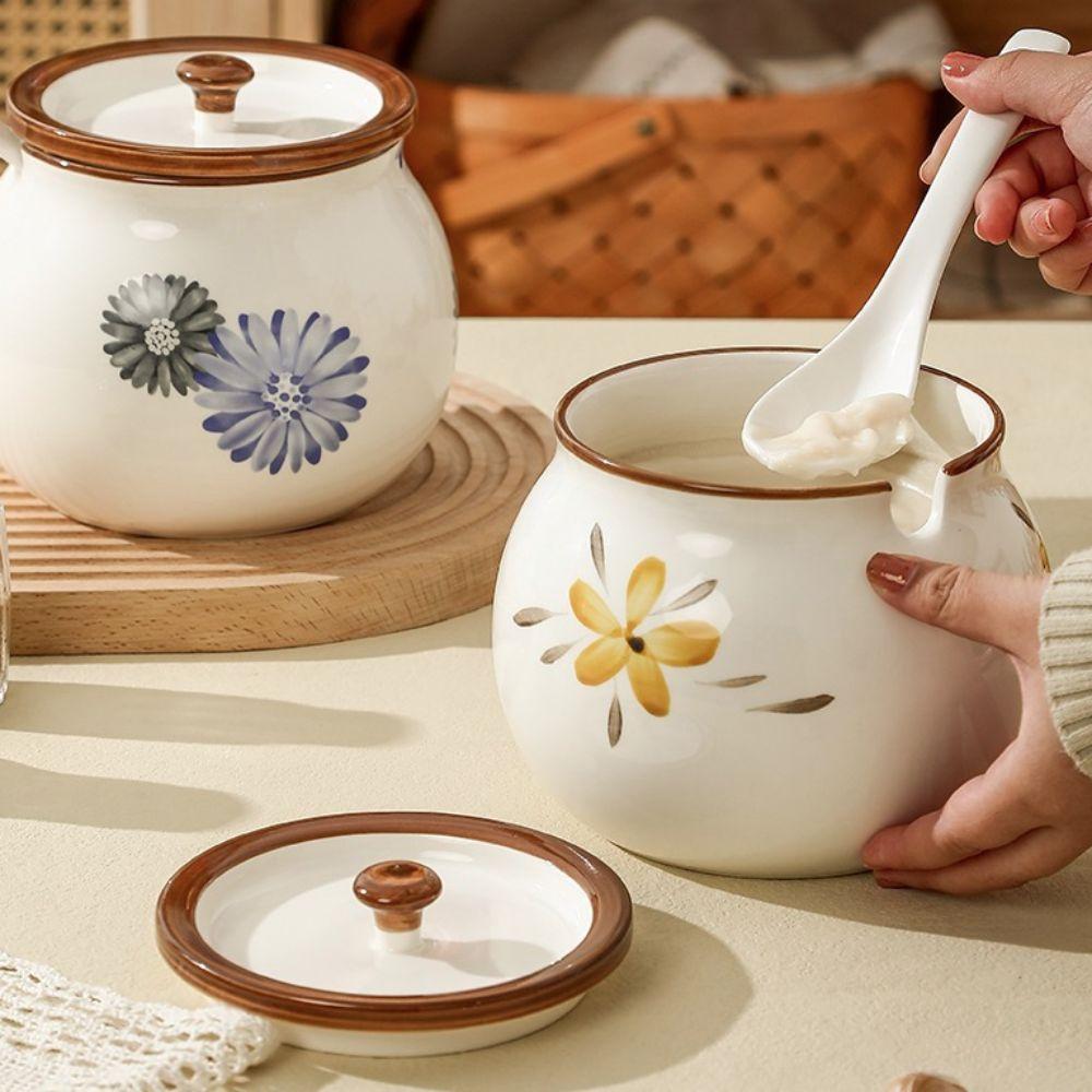 С крышкой и ложкой Керамическая банка для жира Японская горшочка для жира Практичная банка для приправ Сахар