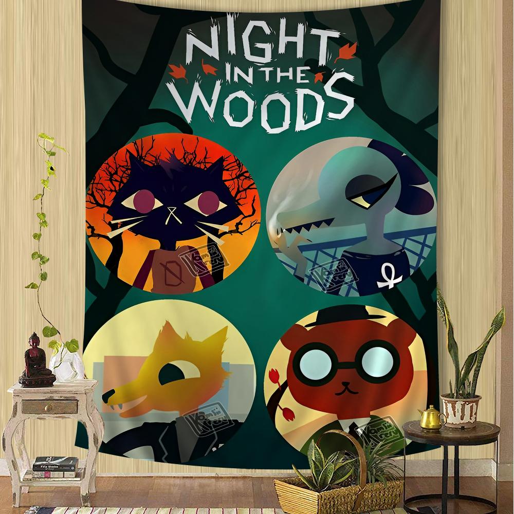 Night in the Woods Full Character Silhouette Wall Tapestry Gradient Background Cozy Room Decor for Indie Game Nostalgic Fans