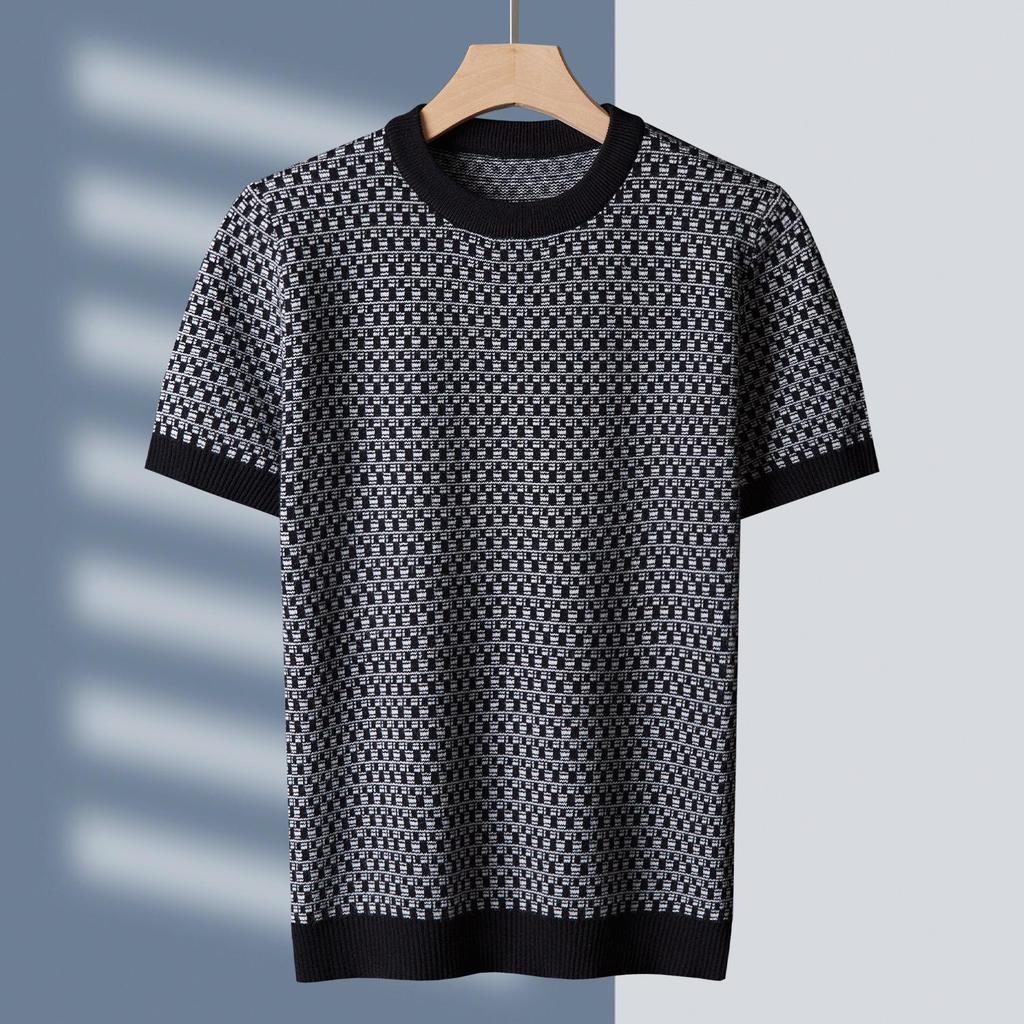 Men's Short Sleeve Jacquard Sweater: Autumn/Winter Round Neck Light Luxury Knit Undershirt
