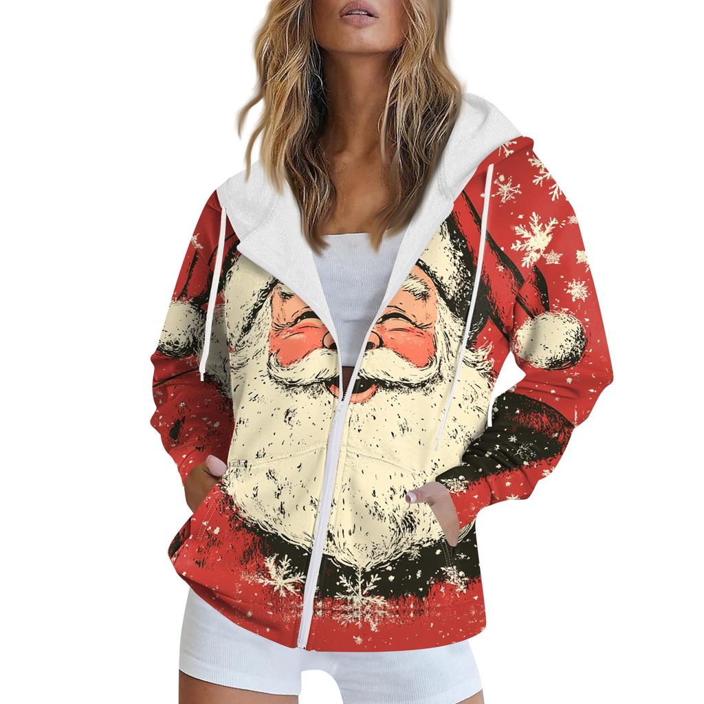 Women's Christmas Printed Sweatshirt Winter Long Sleeve Cardigan Jacket With Pockets Zipper Hoodie Outerwear
