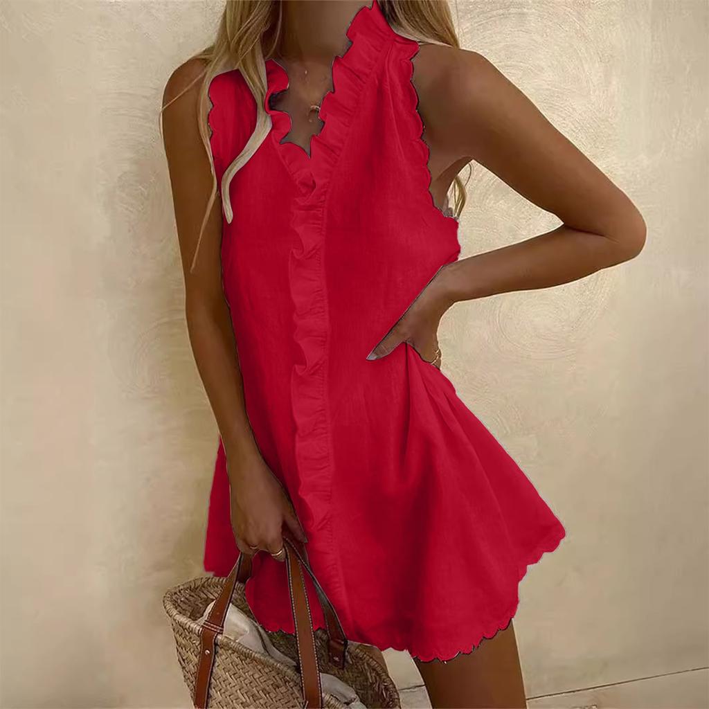 Fashion Women's Spring And Summer Solid Color Scalloped Trim Sleeveless Casual Dress