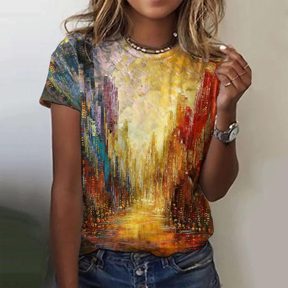 Женские футболки с 3D-печатью, узором в виде масляной живописи, круглым вырезом и коротким рукавом, Y2k, Харадзюку, Топы, Женская одежда