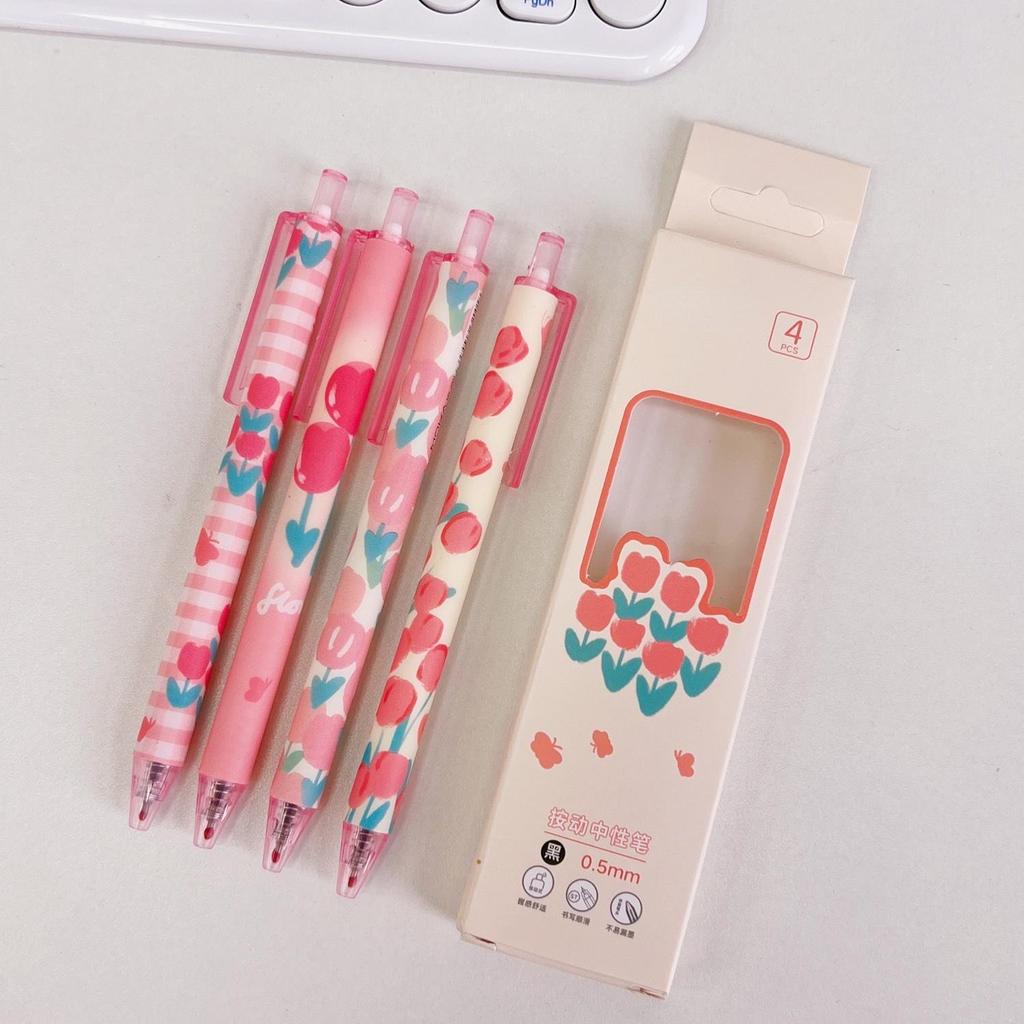 4 шт./компл., милая черная гелевая ручка, очаровательная гелевая ручка Ins с корейским цветочным рисунком, 0,5 мм, гелевая ручка Kawaiii, ручка для дневника, блокнота, тестовая бумага, школьные принадлежности