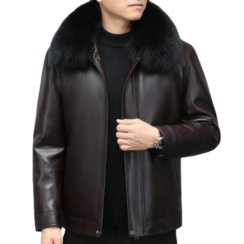 Пуховик средней длины, мужская куртка из натуральной кожи, куртка для людей среднего и пожилого возраста, утепленная куртка с отворотами из белого утиного пуха, зимнее пальто