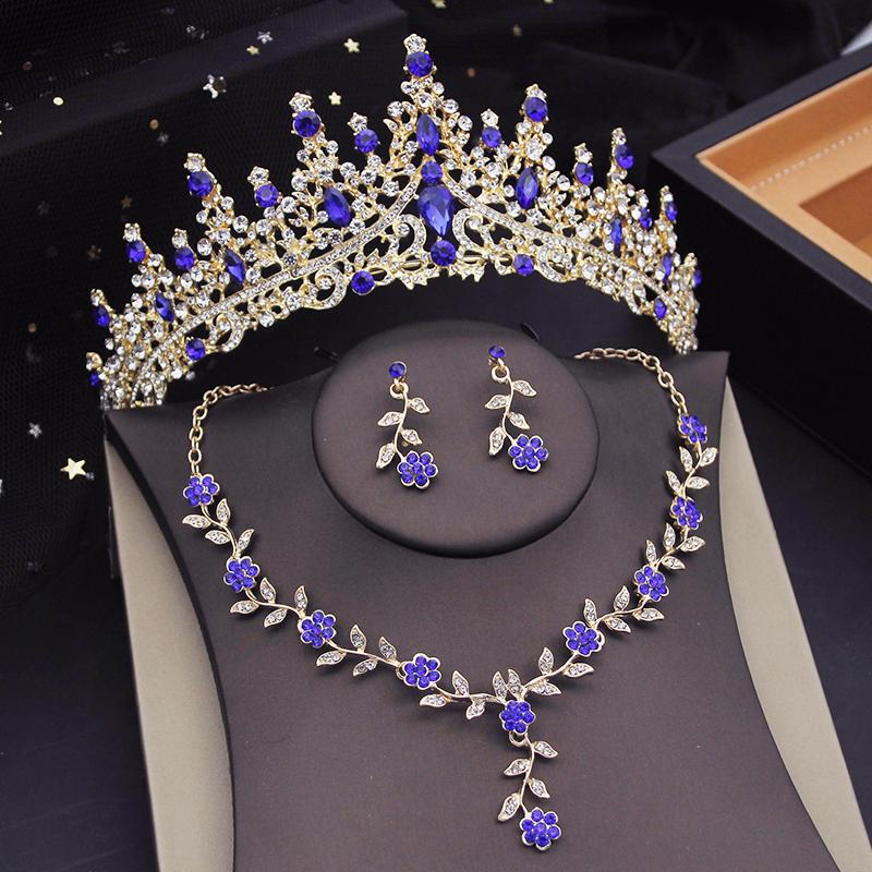 3 Pcs Pink Bridal Jewelry Sets for Women Crown Flower Choker Necklace Earring Wedding Tiara Bride Costume Accessories