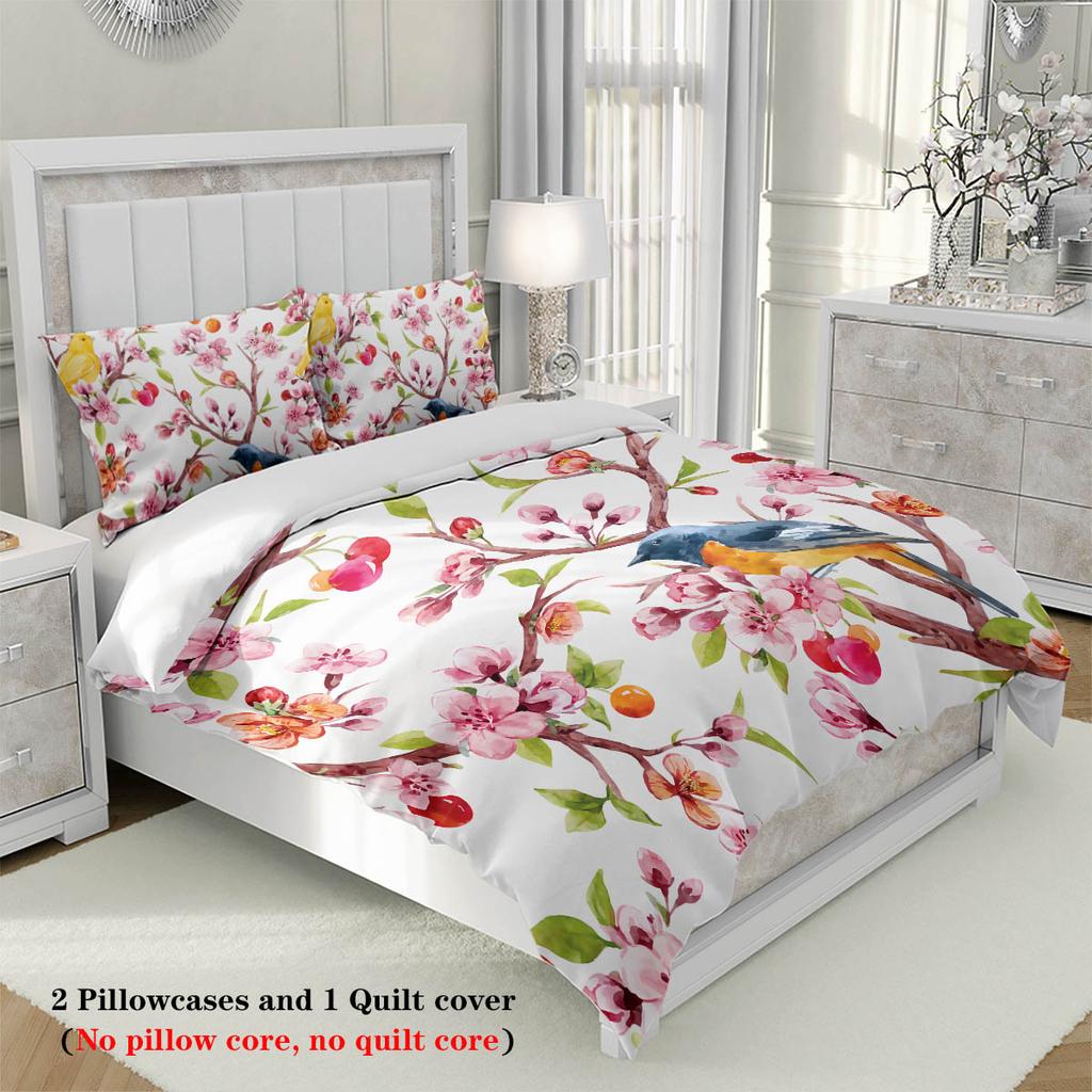 3 шт. Комплект постельного белья с весенним принтом птиц и цветов, Для спальни, Гостевой комнаты (1*Пододеяльник + 2*Наволочка, БЕЗ Наполнителя)