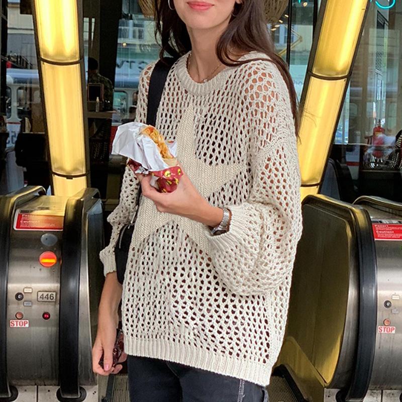Crochet Sweater Pullovers Oversized Loose Holes Knitted Jumper Smock Y2k Harajuku Streetwear Sweater