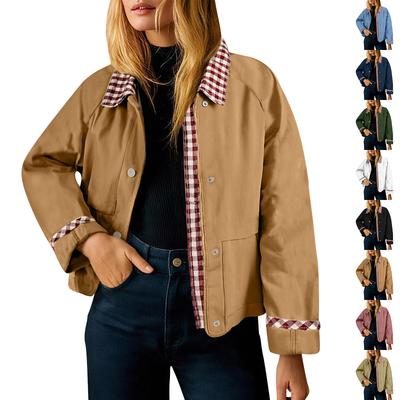 Женская мода Однотонный Плед Воротник Длинный рукав Пуговицы Молния Карманы Куртка Пальто