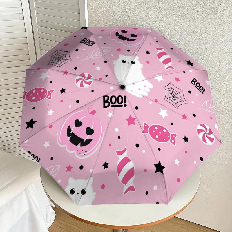 1pc Pink Halloween Pattern Umbrella with Plastic Handle,Suitable for All Seasons Home Travel Outdoor UmbrellaDD1809