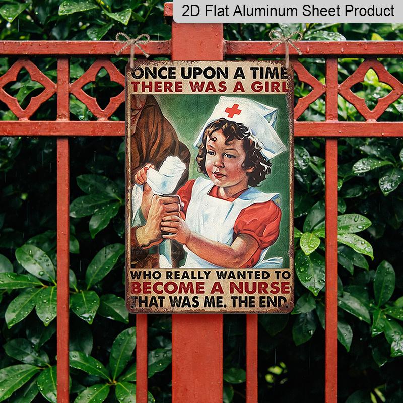 2D Flat 1pc Vintage Nurse-Themed Aluminum Sign - Retro style Metal Wall Decor with Red Cross Nurse, Weatherpro of Material & Pre-Drilled Holes - 8x12