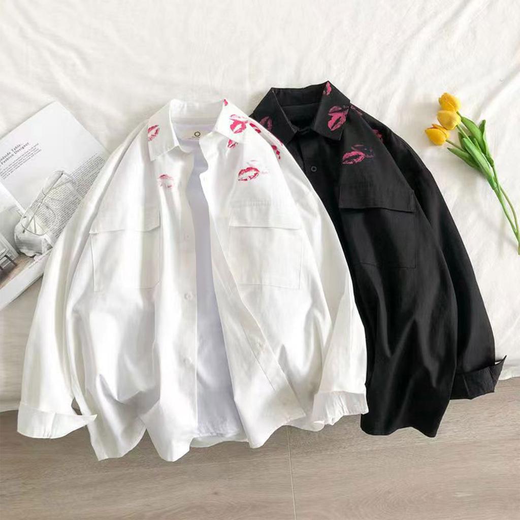 Модная повседневная рубашка с длинным рукавом и принтом губ, мужская и женская летняя тонкая свободная рубашка