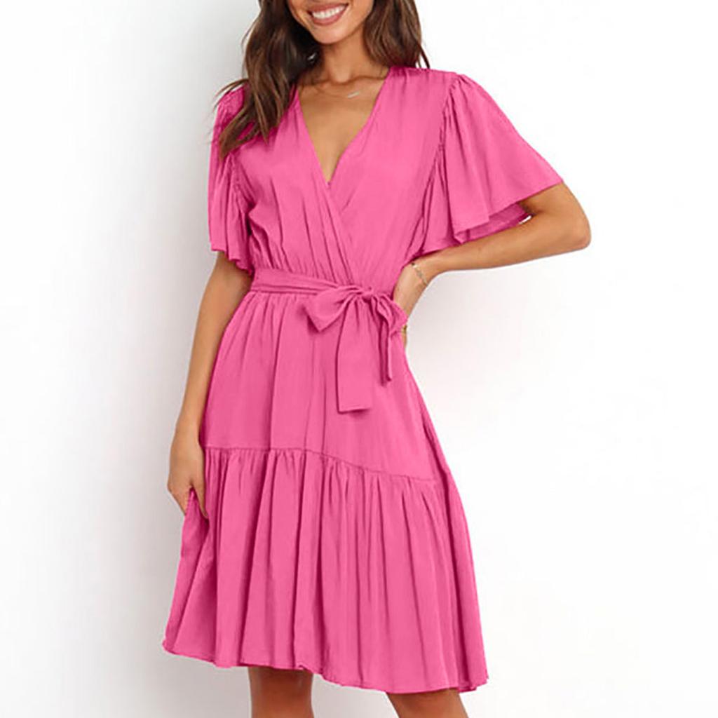 Модное женское однотонное повседневное платье с v-образным вырезом и коротким рукавом на талии