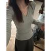 Women's 2025 Gray V-neck Long Sleeve Slimming Autumn Base T-shirt