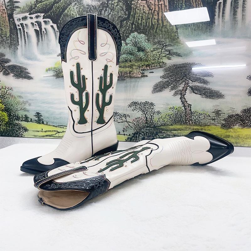 Кактус ковбойские сапоги женские осенние новые на толстом каблуке с острым носом европейские и американские сапоги с вышивкой и заклепками