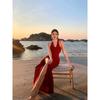 Французское высококлассное красное платье на бретелях с V-образным вырезом, женское сексуальное платье-макси с разрезом, облегающее бедра, в стиле морского отдыха