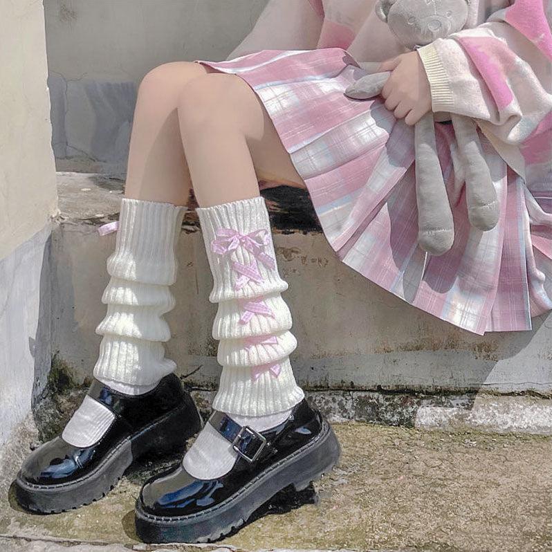 Japanese Lolita bow cute hairball knitted socks cover women's winter leg warmers stacking socks white jk socks