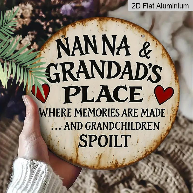 2D Flat, 1pc "Nanna And Grandad" Grandparents Home Round Aluminum Sign, Retro Warm Commemorative Round Sign, Grandparent-Grandchild Memories Theme